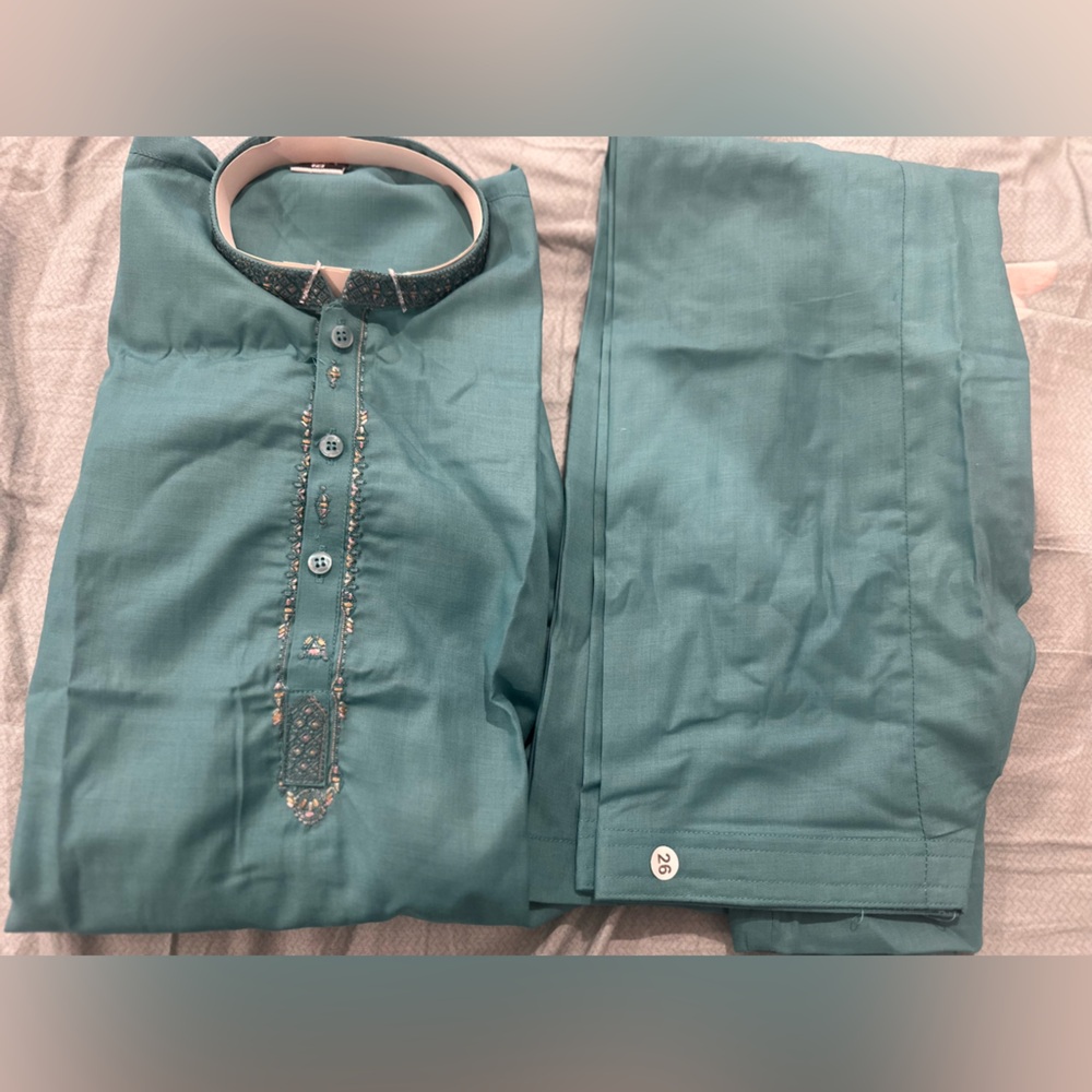 Pakistani 2Pc 4/5 year Boy Teal blue Cotton blend Embroidered Kurta Salwar Kamez